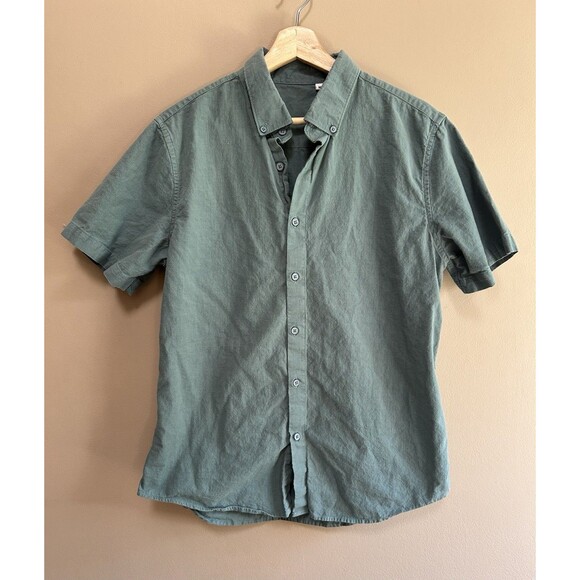 Set of 2 unbranded Men's Size Medium Button Up Linen Shirts Blue Green Casual - Picture 8 of 13